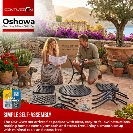 Centurion Supports OSHOWA Garden and Patio Table and 4 Large Chairs with Armrests Cast Aluminium Bistro Set - Black Cushions