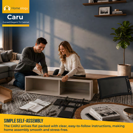 Homeology CARU Black Greige Beam-Thru Remote Friendly Super-Contemporary D Shape Design 32"-65" LED/OLED/LCD TV Cabinet with Mounting Arm