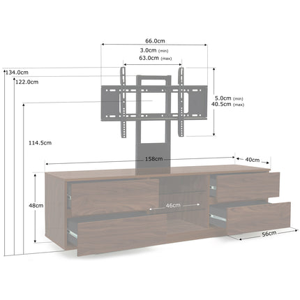 Homeology Avitus Walnut with 4-Walnut Drawers and 3-Shelves up to 65" LED, LCD, Plasma TV Stand with Mounting Arm