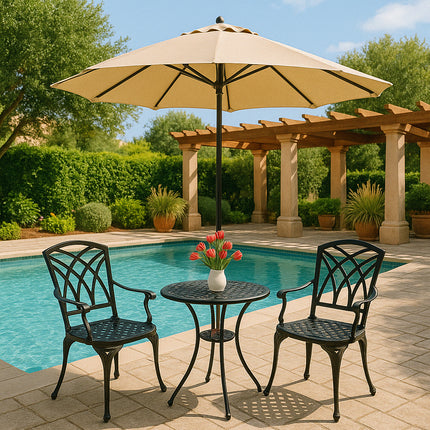 Centurion Supports OSHOWA Luxurious Garden and Patio Table and 2 Large Chairs with Armrests Cast Aluminium Bistro Set - Black