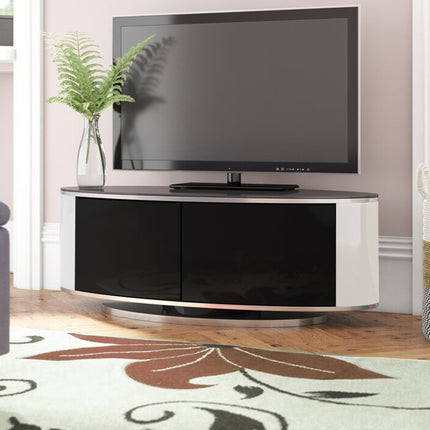 MDA Designs LUNA Gloss Black Oval Cabinet with White Profiles and Black BeamThru Glass Doors Suitable for Flat Screen TVs up to 50"