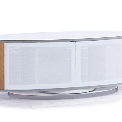 MDA Designs LUNA Gloss White Oval Cabinet with Oak Profiles White BeamThru Glass Doors Suitable for Flat Screen TVs up to 50"