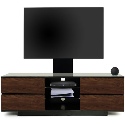 Homeology Avitus Gloss Black with 4-Walnut Drawers and 3-Shelves up to 65" LED/LCD/Plasma TV Stand with Mounting Arm