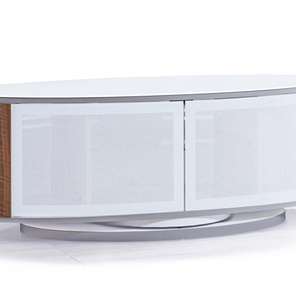 MDA Designs LUNA Gloss White Oval Cabinet with Walnut Profiles White BeamThru Glass Doors Suitable for Flat Screen TVs up to 50"