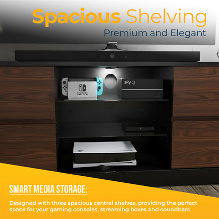 Homeology Avitus High Gloss Black with 4-Walnut Drawers & 3-Shelf 32"-65" LED/OLED/LCD TV Cabinet - Fully Assembled