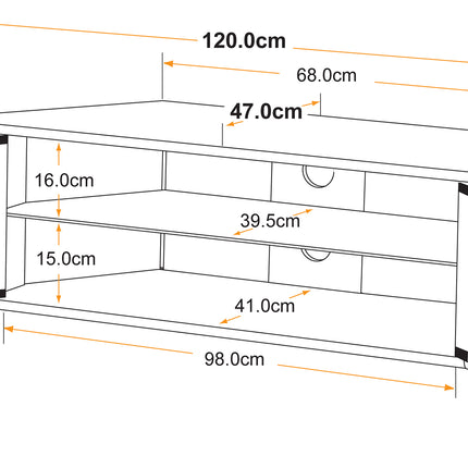 MDA Designs CORVUS Corner-Friendly Gloss White Contemporary Cabinet with Oak Profiles White BeamThru Glass Doors Suitable for Flat Screen TVs up to 50"
