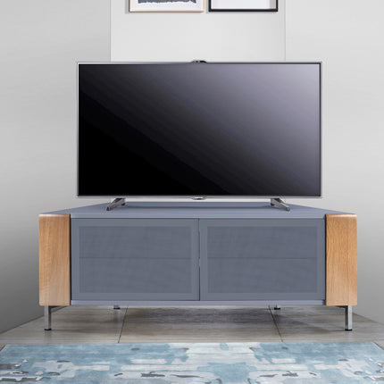 MDA Designs CORVUS Corner-Friendly Grey BeamThru Glass Doors with Oak Profiles Contemporary Cabinet for Flat Screen TVs up to 50"