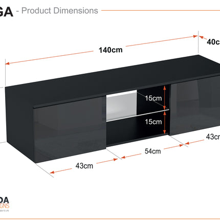 MDA Designs Auriga Black Modern TV Cabinet for Flat TV Screens of up to 65" Entertainment Unit with Shelves and Built-in Blue LED Lights - Grade A