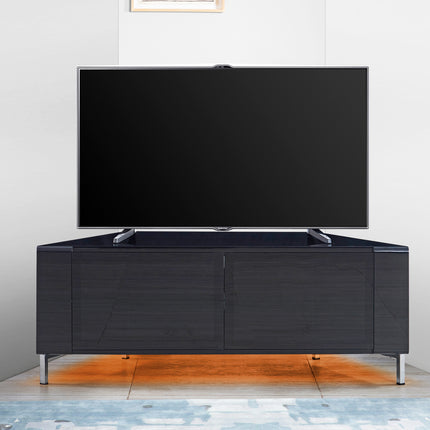MDA Designs CORVUS Corner-Friendly Gloss Black Contemporary Cabinet with Black Side Profiles Black BeamThru Glass Doors Suitable for Flat Screen TVs up to 50" with 16 Colour LED Lights