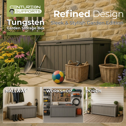 Centurion Supports TUNGSTEN 450 Litre 119 Gallon Waterproof Extra Large Lockable Easy-Open Garden Storage Box Outdoor Organiser in Grey