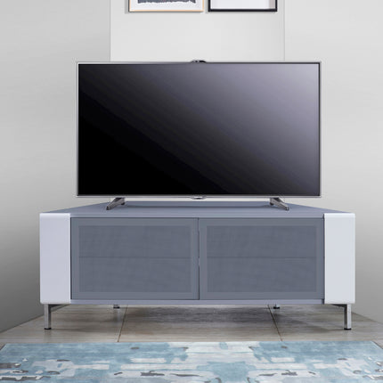 MDA Designs CORVUS Corner-Friendly Grey BeamThru Glass Doors with White Profiles Contemporary Cabinet for Flat Screen TVs up to 50"