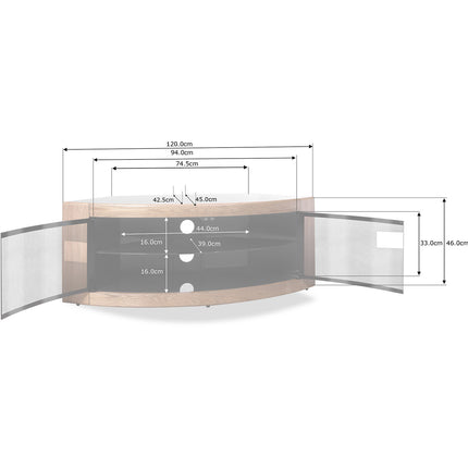 Centurion Supports PANGEA Black Oak Beam-Thru Glass Doors Curved Unit Tru-Corner 32"-50" TV Cabinet - Grade A
