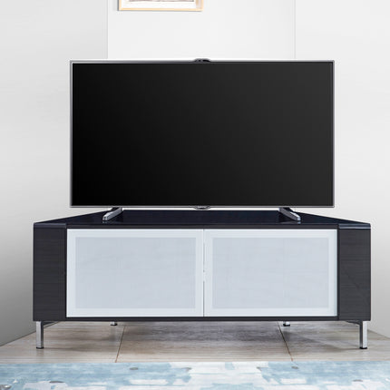 MDA Designs CORVUS Corner-Friendly Gloss Black Contemporary Cabinet with Black Profiles White BeamThru Glass Doors Suitable for Flat Screen TVs up to 50"