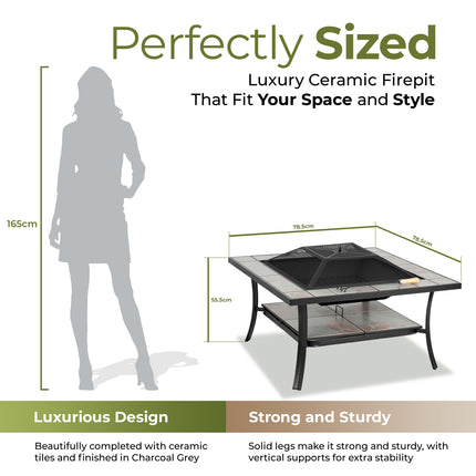 Centurion Supports SHANGO Multi-Functional Black with Ceramic Tiles Outdoor Garden Patio Square Heater Fire Pit Brazier and Outdoor Table - Grade A