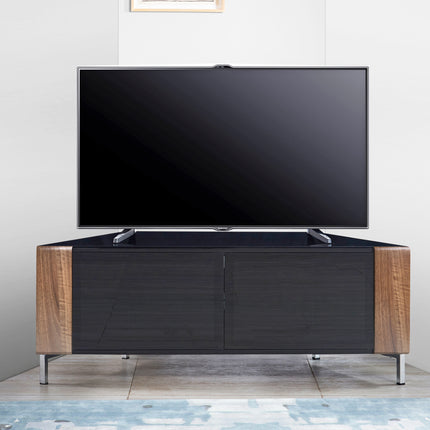 MDA Designs CORVUS Corner-Friendly Gloss Black Contemporary Cabinet with Walnut Profiles Black BeamThru Glass Doors Suitable for Flat Screen TVs up to 50"