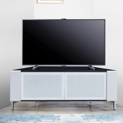 MDA Designs CORVUS Corner-Friendly Gloss Black Contemporary Cabinet with White Profiles White BeamThru Glass Doors Suitable for Flat Screen TVs up to 50"