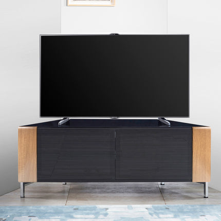 MDA Designs CORVUS Corner-Friendly Gloss Black Contemporary Cabinet with Oak Profiles Black BeamThru Glass Doors Suitable for Flat Screen TVs up to 50"