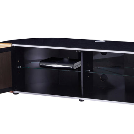 MDA Designs Sirius 1600 TV Cabinet Gloss Black Stand with BEAMTHRU Remote-Friendly Glass Door, Walnut/Oak Trims and Cable Management for TVs up to 70” TV Unit