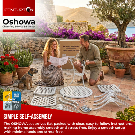 Centurion Supports OSHOWA Luxurious Garden and Patio Table and 4 Large Chairs with Armrests Cast Aluminium Bistro Set - White with Black Cushions