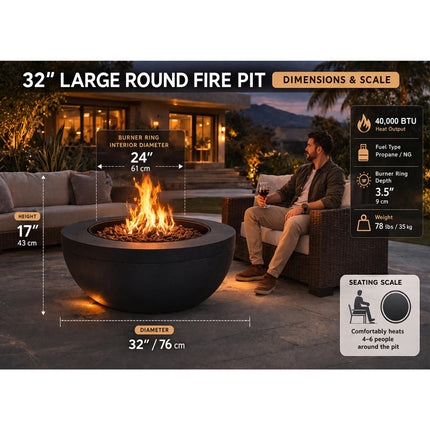 MDA Designs TABITI Black Lavish Garden & Patio Gas Fire Pit with Eco-Stone Finish