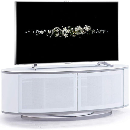 MDA Designs LUNA Gloss White Oval Cabinet with White Profiles White BeamThru Glass Doors Suitable for Flat Screen TVs up to 50" - Grade A