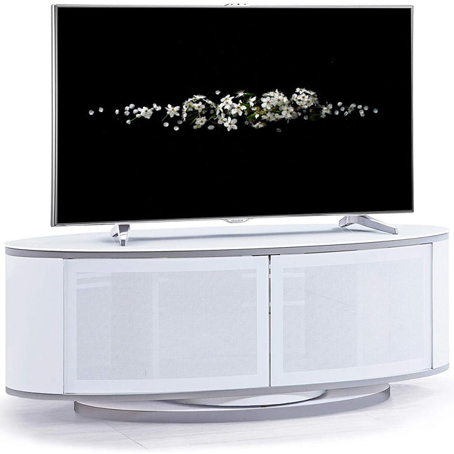 MDA Designs LUNA Gloss White Oval Cabinet with White Profiles White BeamThru Glass Doors Suitable for Flat Screen TVs up to 50" - Grade A