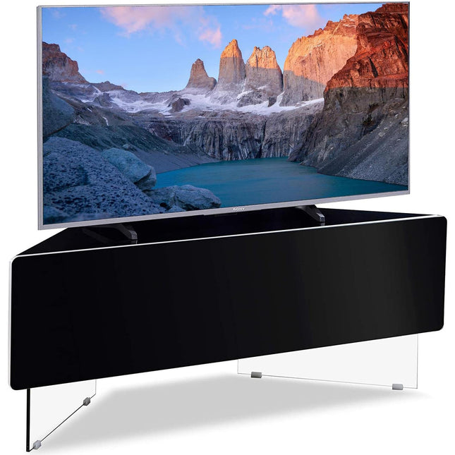 MDA Designs Antares HYBRID Black Corner-Friendly with Clear Acrylic Legs Hover Effect & Remote-Friendly Glass Door TV Cabinet - Grade A