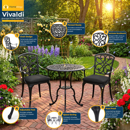 Homeology VIVALDI Black 3-Piece Cast Aluminium Garden Bistro Set - Rust-Proof Round Table with Parasol Hole & 2 Generously Sized Armchairs - with Black Cushions
