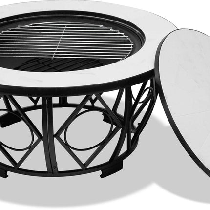 Centurion Supports NAVARO Premium Multi-Functional 360° Garden & Patio Round Fire Pit, Brazier, Coffee Table, Barbecue and Ice Bucket with White Ceramic Tiles - Grade A