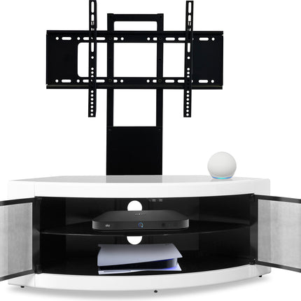 Centurion Supports PANGEA Black/White Beam-Thru Curved True-Corner 32"-50" TV Cabinet with Mounting Arm