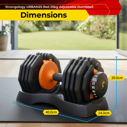 Strongology URBAN25 Orange Adjustable Dumbbell Pair | 2.5kg to 25kg Quick-Select Weight | 10-in-1 Space-Saving Design | Soft-Grip Handle | Secure Plate-Locking System | Home Gym Strength Training Workouts