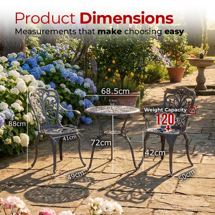 Centurion BANGUI 3 Piece Cast Aluminium Garden Bistro Set – Rust-Proof Outdoor Patio Table with Parasol Hole & 2 Large Chairs – Spanish Style Garden Furniture for Patio, Balcony & Conservatory – Grey