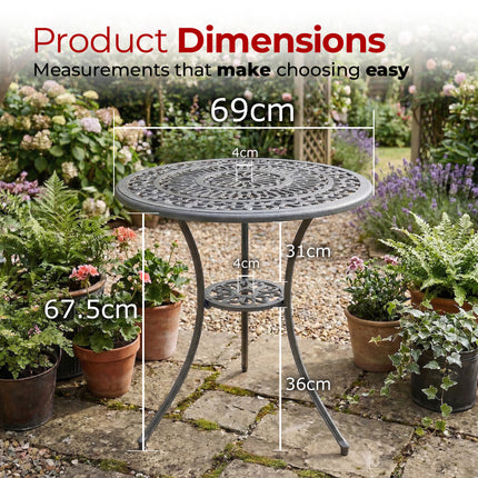Centurion POSITANO 3-Piece Cast Aluminium Garden Bistro Table with Parasol Hole and 2 Armchairs, Victorian Style Outdoor Furniture for Patio, Balcony, Terrace or Conservatory in Grey