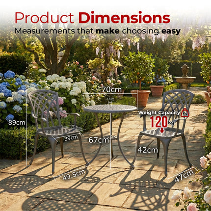 Centurion Supports OSHOWA Luxurious Garden and Patio Table and 2 Large Chairs with Armrests Cast Aluminium Bistro Set Grey