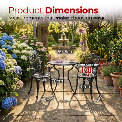Centurion TABREEZ 3-Piece Bistro Set Garden Furniture, Cast Aluminium Outdoor Patio Set, Metal Garden Furniture, Rust-Proof Table & 2 Chairs, Bistro Set, Black