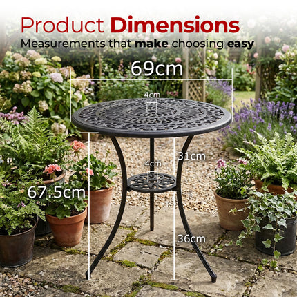 Centurion POSITANO Cast Aluminium Garden Bistro Table, Outdoor Patio Table, Round Garden Table with Parasol Hole, Victorian Outdoor Furniture for Balcony Terrace Conservatory in Black