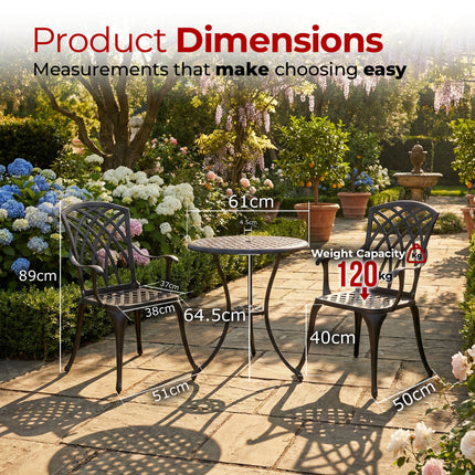 Centurion OSHOWA Luxurious Garden and Patio Table and 2 Large Chairs with Armrests Cast Aluminium Bistro Set - Black