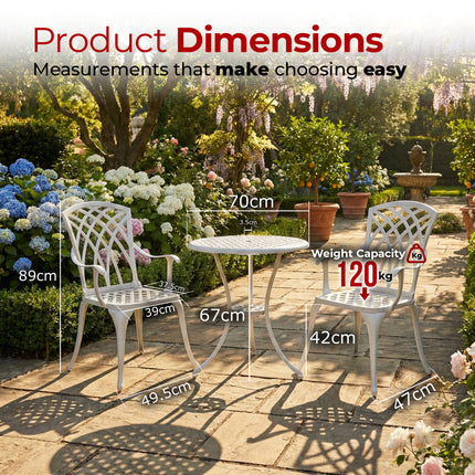 Homeology OSHOWA 3-Piece Cast Aluminium Bistro Set – Rust-Proof Round Table & 2 High-Backed Armchairs – Timeless French-Style Interlocking Lattice Basketweave Design – White Outdoor Patio Furniture