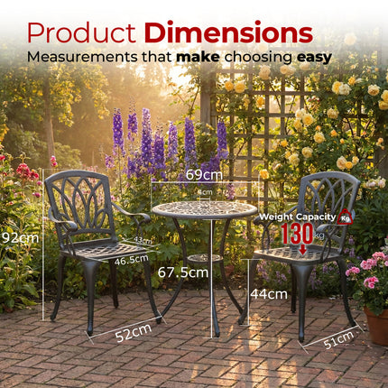 Centurion Supports POSITANO Luxurious Garden and Patio Table and 2 Large Chairs with Armrests Cast Aluminium Bistro Set - Grey