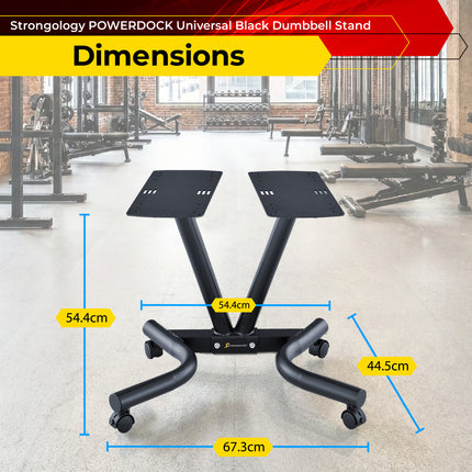 Strongology POWERDOCK Universal Dumbbell Floor Stand – Heavy Duty Steel Compact V-Frame Ergonomic Rack with Castor Wheels, Secure Safety Straps & Easy Assembly (Dumbbells Not Included)