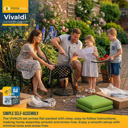 Homeology VIVALDI Black 3-Piece Cast Aluminium Garden Bistro Set - Rust-Proof Round Table with Parasol Hole & 2 Generously Sized Armchairs - with Green Cushions