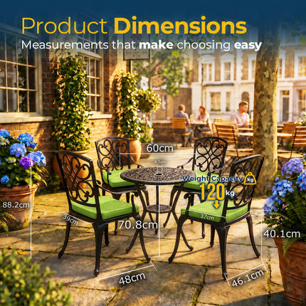 Homeology VIVALDI Black 5-Piece Cast Aluminium Garden Bistro Set - Rust-Proof Round Table with Parasol Hole & 4 Large Armchairs - with Green Cushions