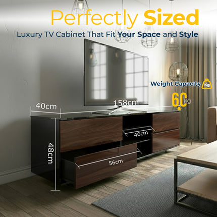 Homeology Avitus High Gloss Black with 4-Walnut Drawers & 3-Shelf 32"-65" LED/OLED/LCD TV Cabinet - Fully Assembled
