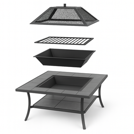 Centurion Supports SHANGO Multi-Functional Black with Ceramic Tiles Outdoor Garden Patio Square Heater Fire Pit Brazier and Outdoor Table - Grade A
