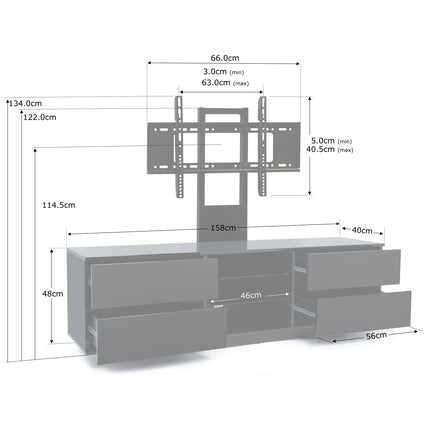 Homeology Avitus Gloss Black with 4-Walnut Drawers and 3-Shelves up to 65" LED/LCD/Plasma TV Stand with Mounting Arm