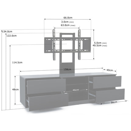 Homeology Avitus Gloss Black with 4-Black Drawers and 3-Shelves up to 65" LED/LCD/Plasma TV Stand with Mounting Arm