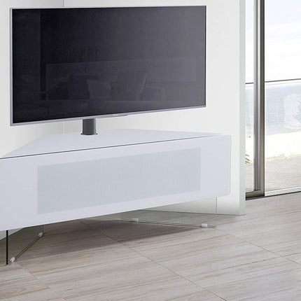 MDA Designs Antares HYBRID White Corner-Friendly with Clear Acrylic Legs Hover Effect & Remote-Friendly Glass Door TV Cabinet with Mounting Bracket - Grade A