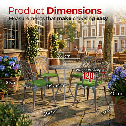 Centurion Supports OSHOWA Luxurious Garden and Patio Table and 4 Large Chairs with Armrests Cast Aluminium Bistro Set - Grey with Green Cushions