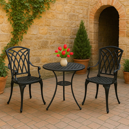 Centurion Supports OSHOWA Luxurious Garden and Patio Table and 2 Large Chairs with Armrests Cast Aluminium Bistro Set - Black