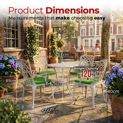 Centurion Supports OSHOWA Luxurious Garden and Patio Table and 4 Large Chairs with Armrests Cast Aluminium Bistro Set - White with Green Cushions